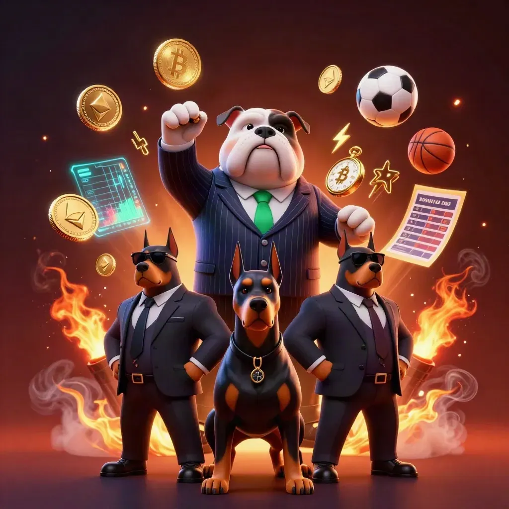 Bulldog boss and bodyguards amid neon crypto, sports, and lightning on a dark ember-lit background.