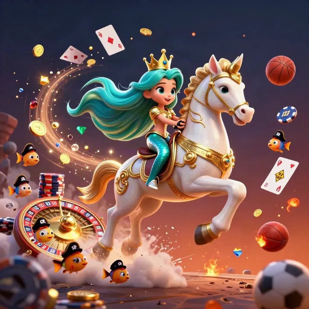 Mermaid princess rides an armored seahorse amid casino chips, coins, balls, and ember-lit smoke.