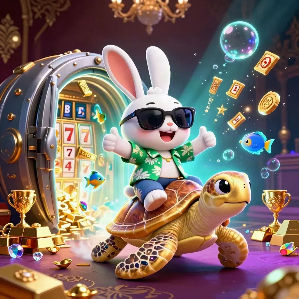 Lucky rabbit rides a gem turtle amid treasure, gold vault light, and neon casino glow.