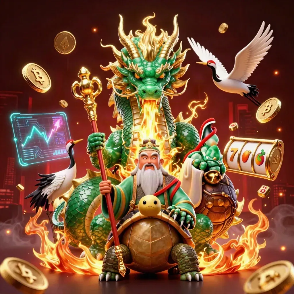 Emerald dragon, turtle sage and cranes amid casino coins, reels and gold fire