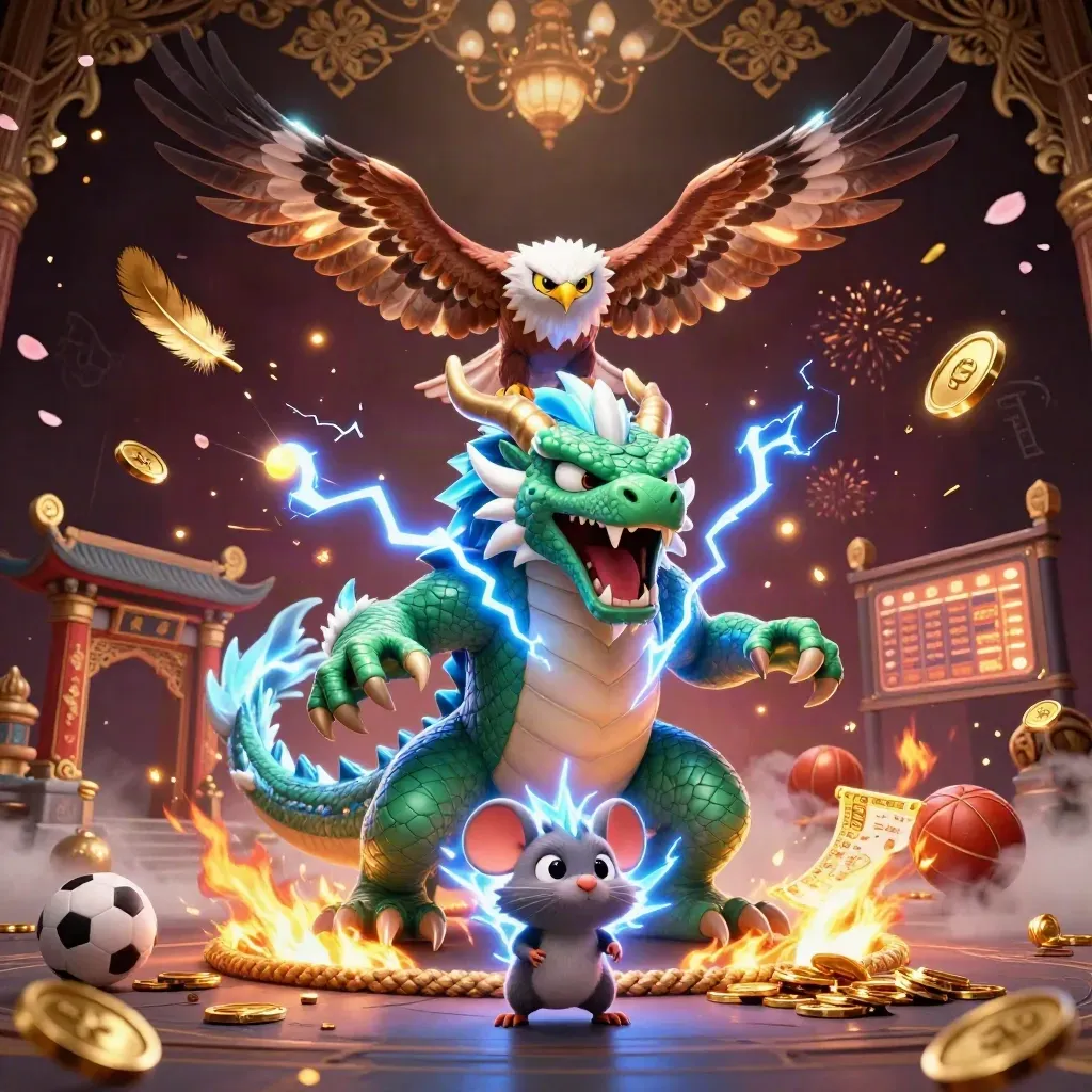 Thunder dragon, wind hawk and static mouse amid coins, banners, temple gate and casino lights.