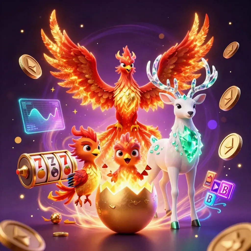 Phoenix, hatching chick, and crystal stag amid coins, reels, lightning, and purple-gold casino glow.