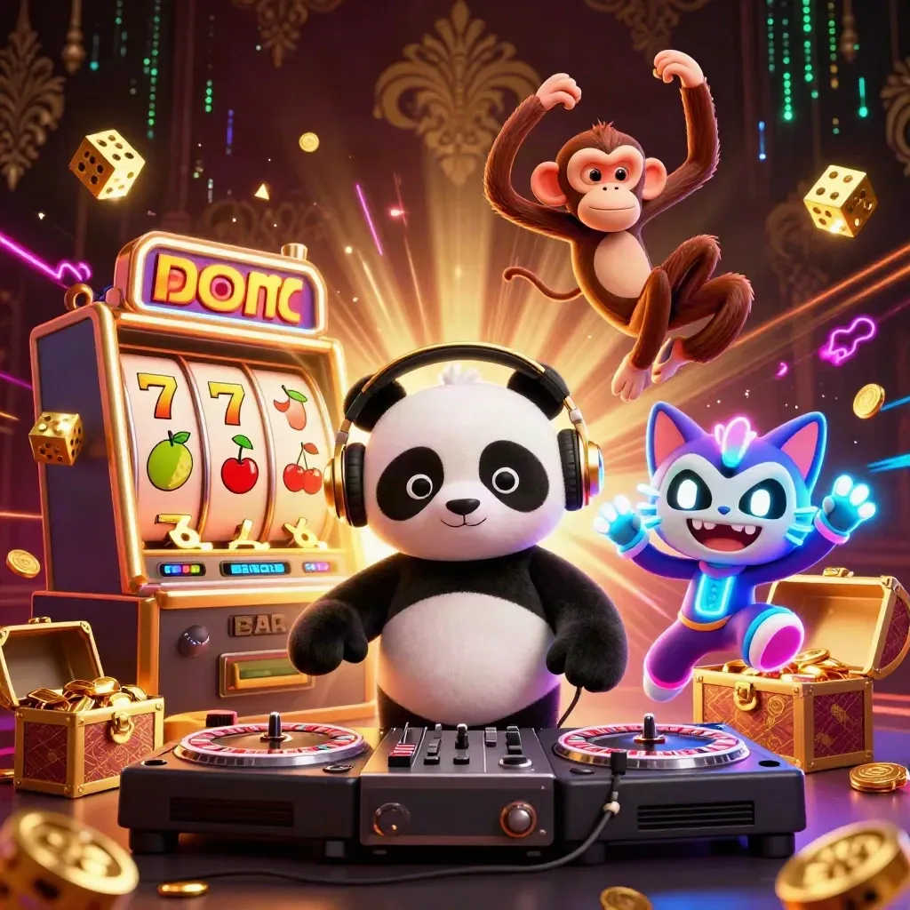 DJ panda, breakdancing monkey, and rave kitten amid jackpot casino effects
